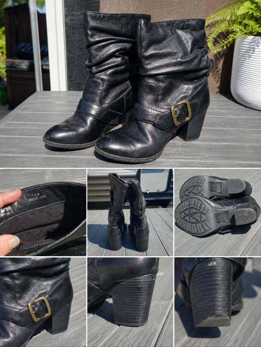 B.O.C. Born Black Leather Slouch Ankle Boots Buckle Block Heel Size 7/38